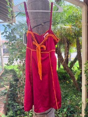 Womens Magenta Y2K babydoll dress with Orange velvet Trim